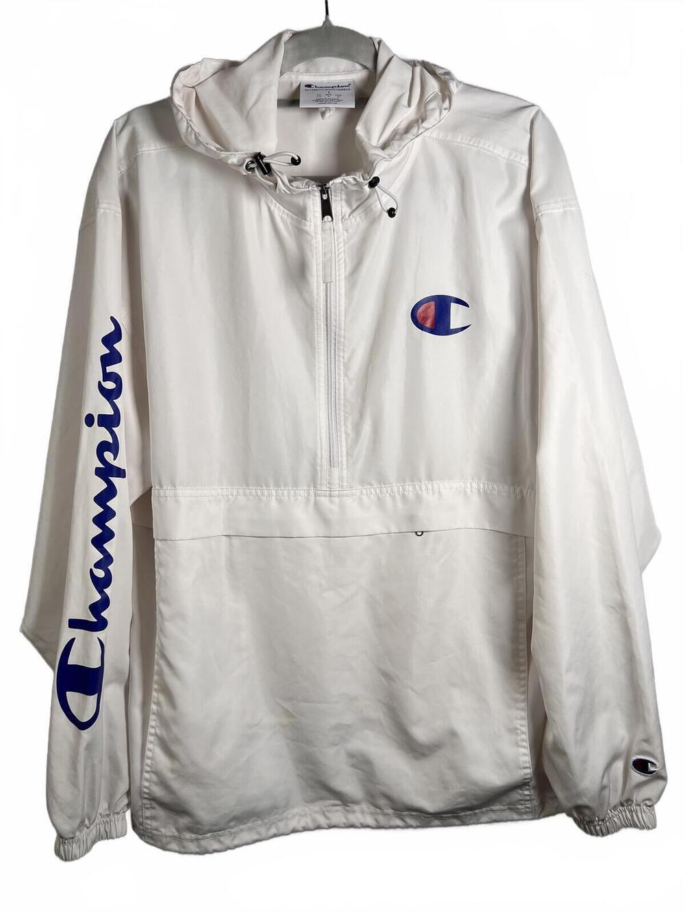 Vtg Champion White Lightweight Hooded Pullover Windbreaker Jacket Size Large